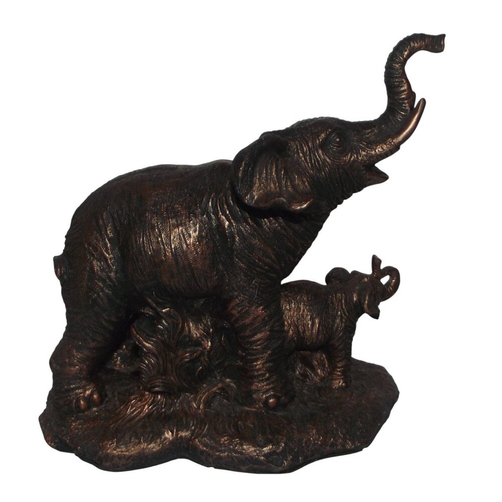 Elephant Family Bronze-Colored Chalkware Figurine 8" Rustic Decor Accent Piece